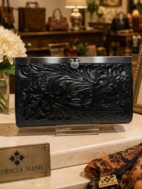 Patricia Nash Black Tooled Leather Evening Clutch